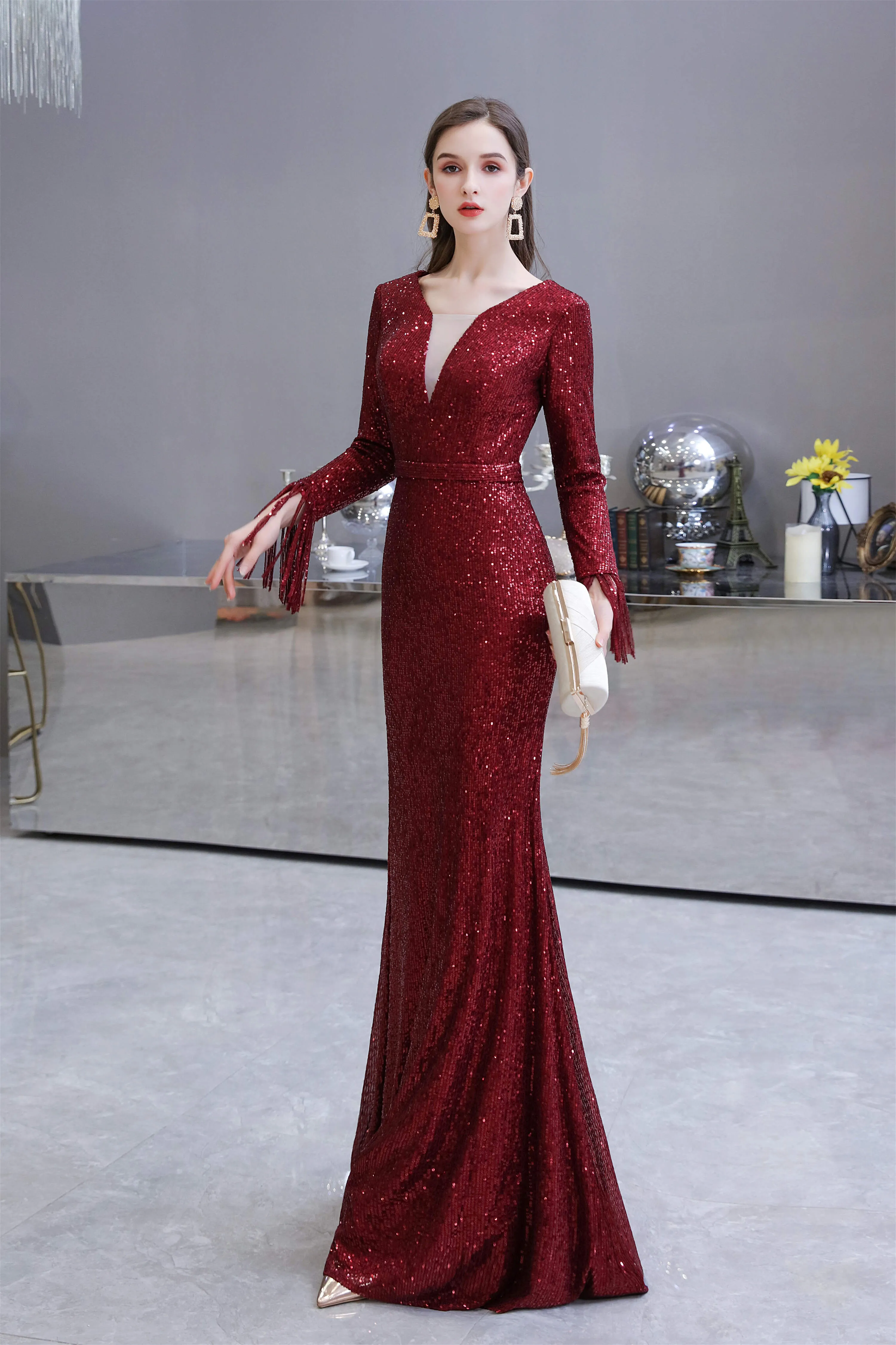 Long Sleeve V Neck Floor Length Crystal Beaded Sequins Mermaid Prom Dresses