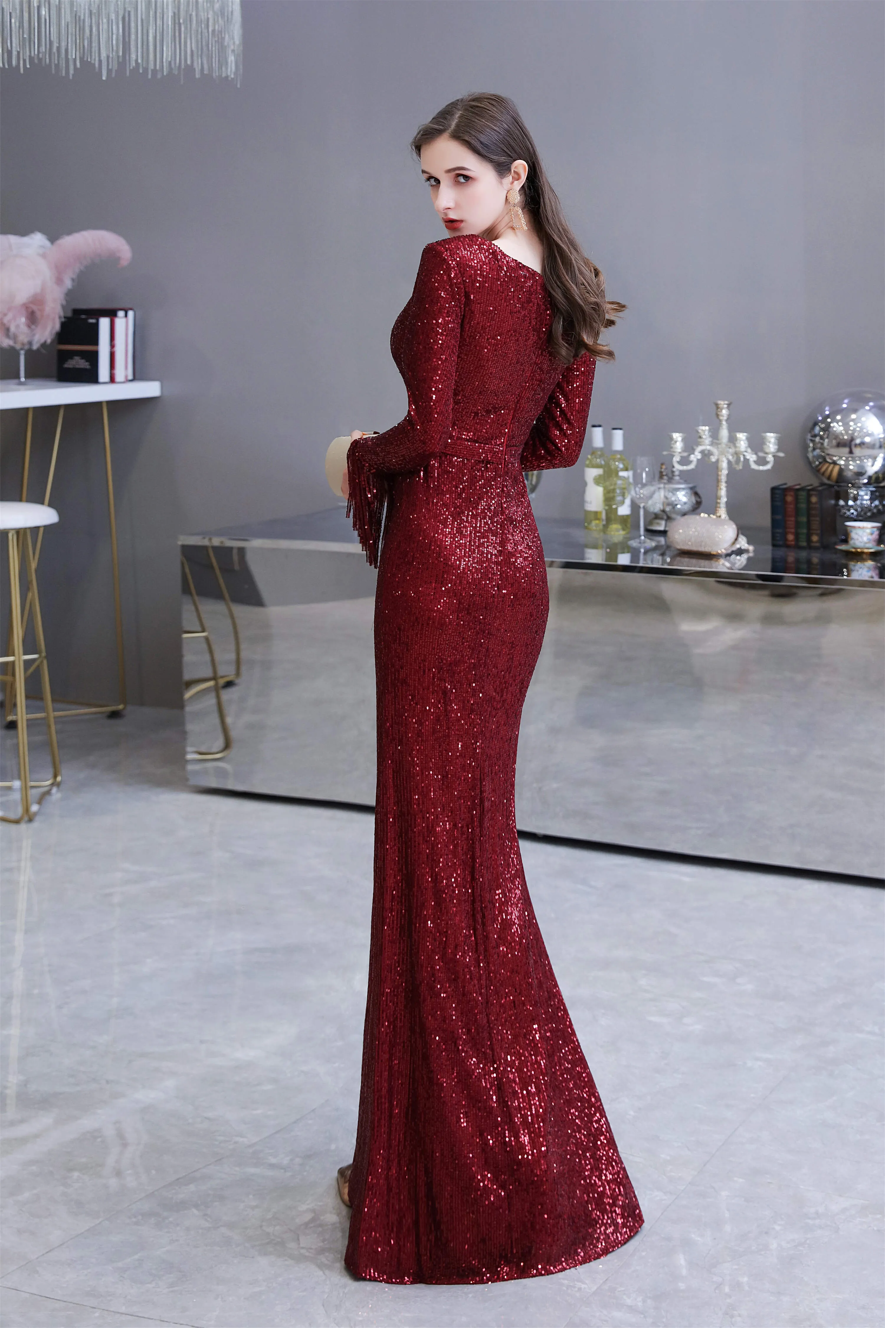 Long Sleeve V Neck Floor Length Crystal Beaded Sequins Mermaid Prom Dresses