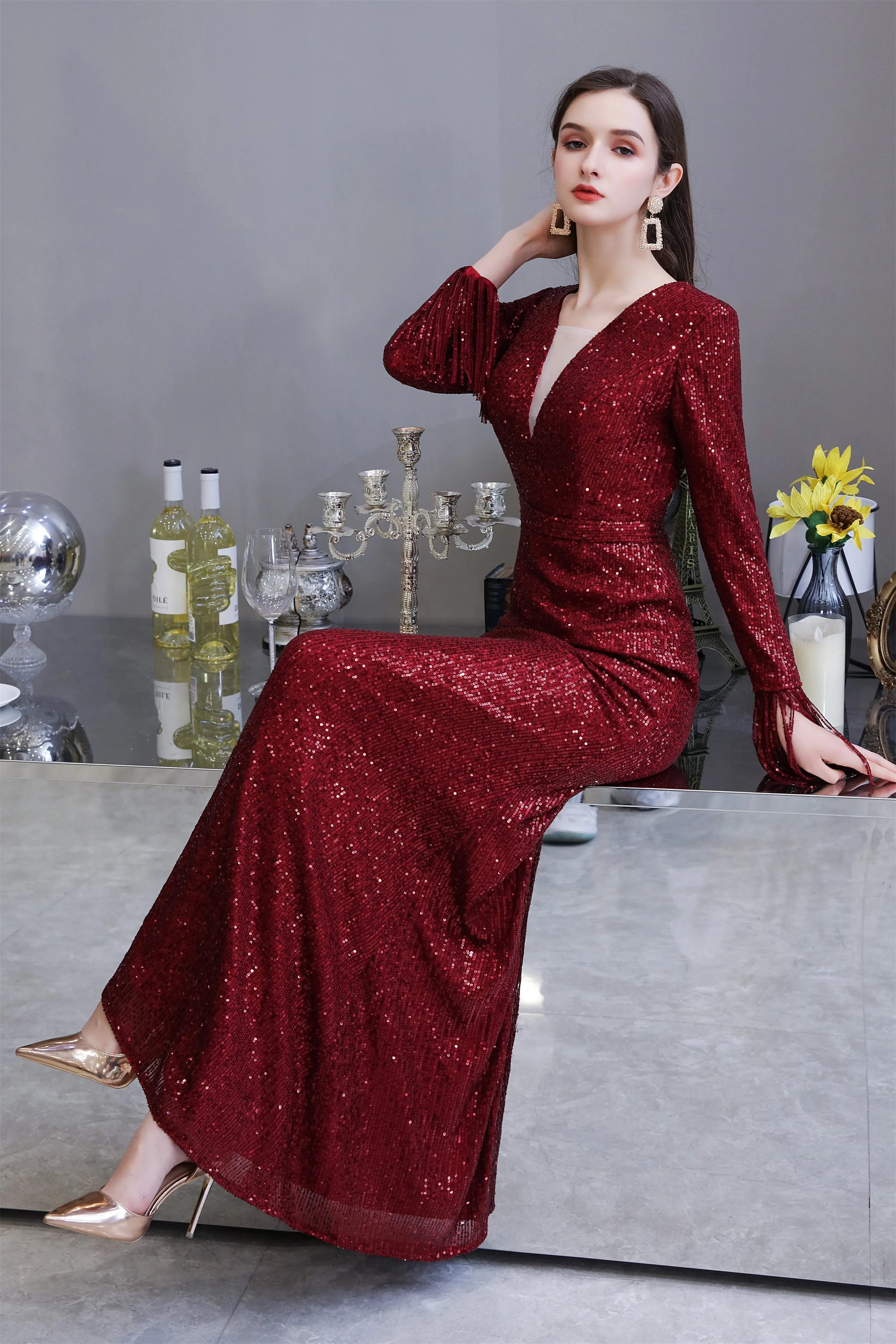 Long Sleeve V Neck Floor Length Crystal Beaded Sequins Mermaid Prom Dresses