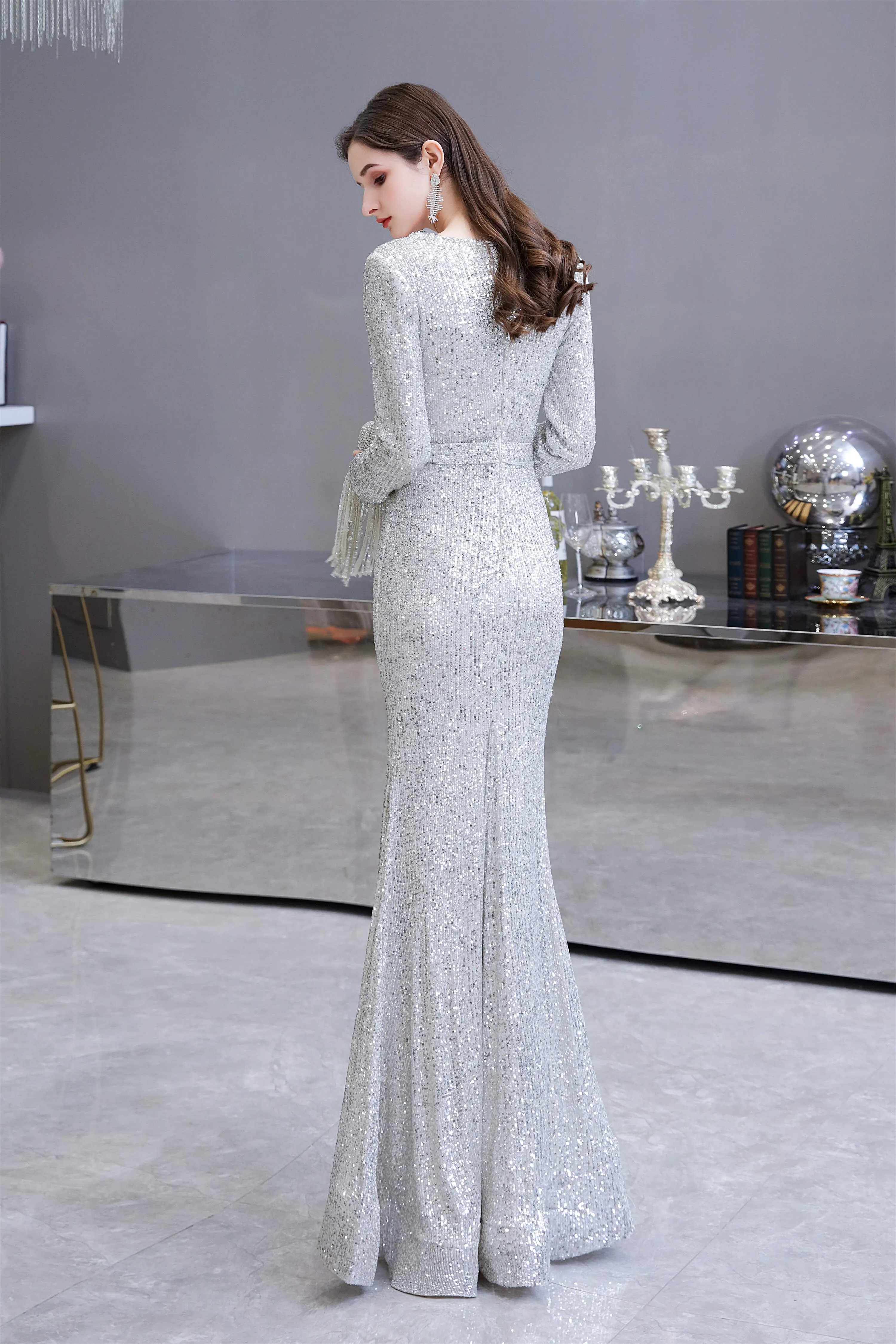 Long Sleeve V Neck Floor Length Crystal Beaded Sequins Mermaid Prom Dresses