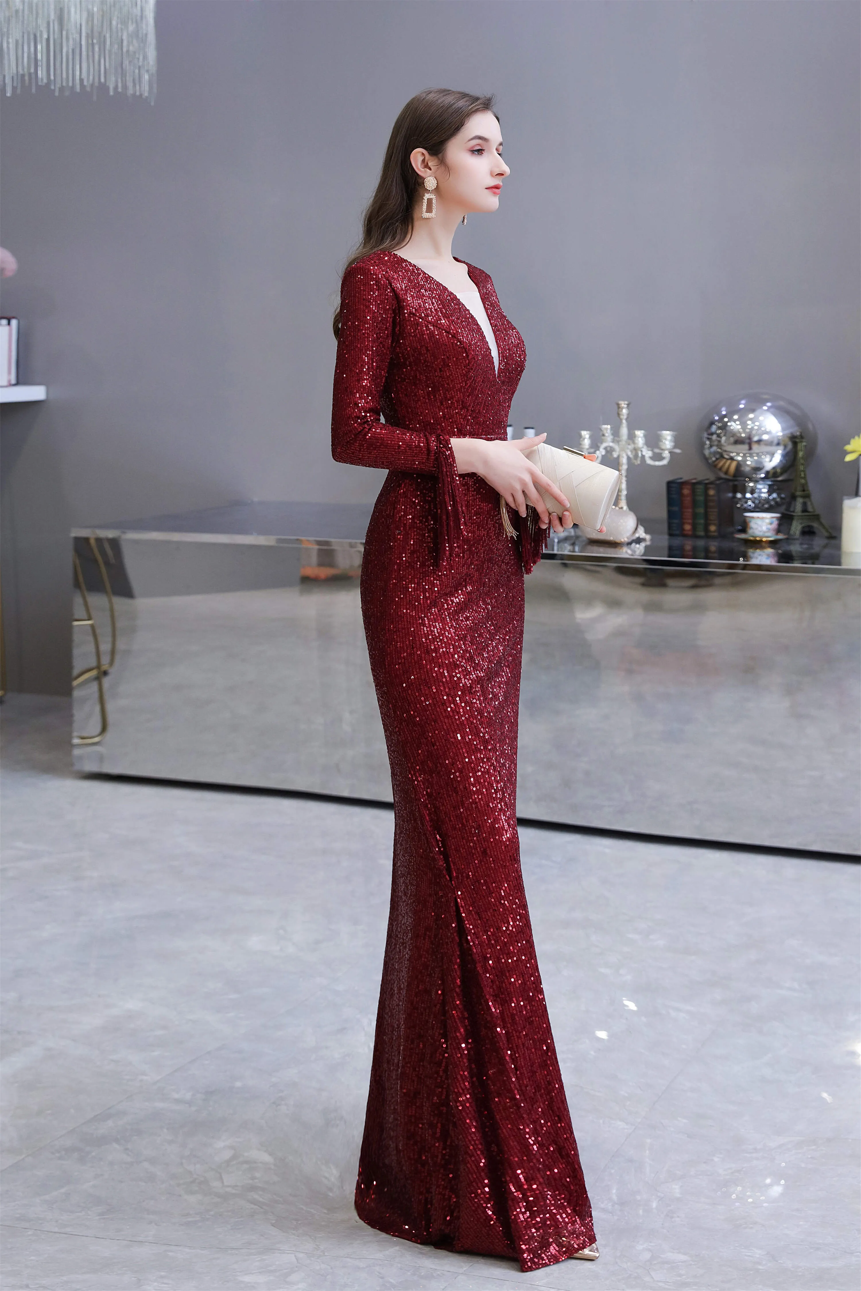 Long Sleeve V Neck Floor Length Crystal Beaded Sequins Mermaid Prom Dresses