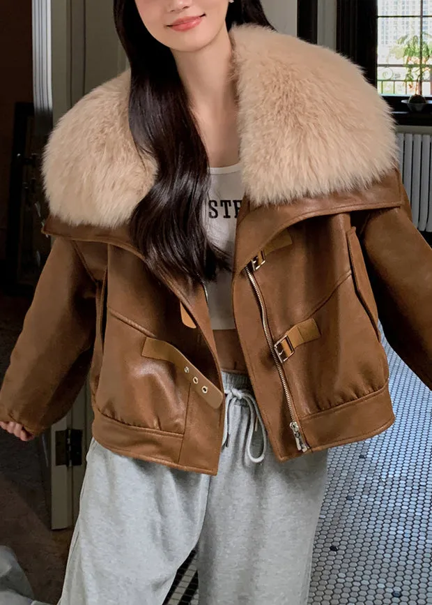 Loose Caramel Fur Collar Zippered Faux Suede Down Coats Winter RC008