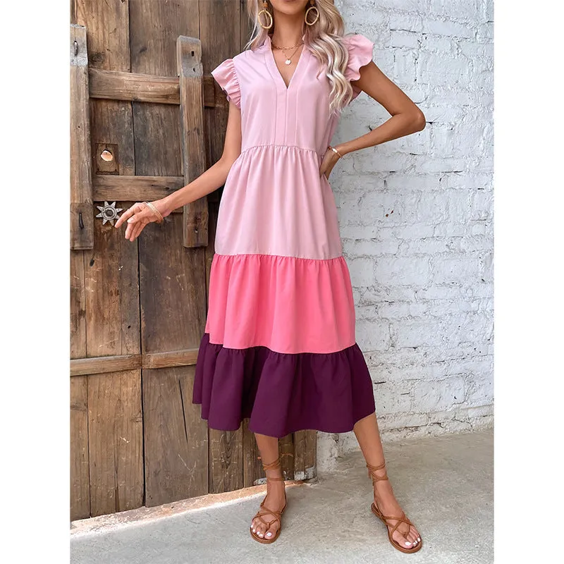 Loose V-Neck Stitching Color Ruffled Sleeve Dress Wholesale Dresses