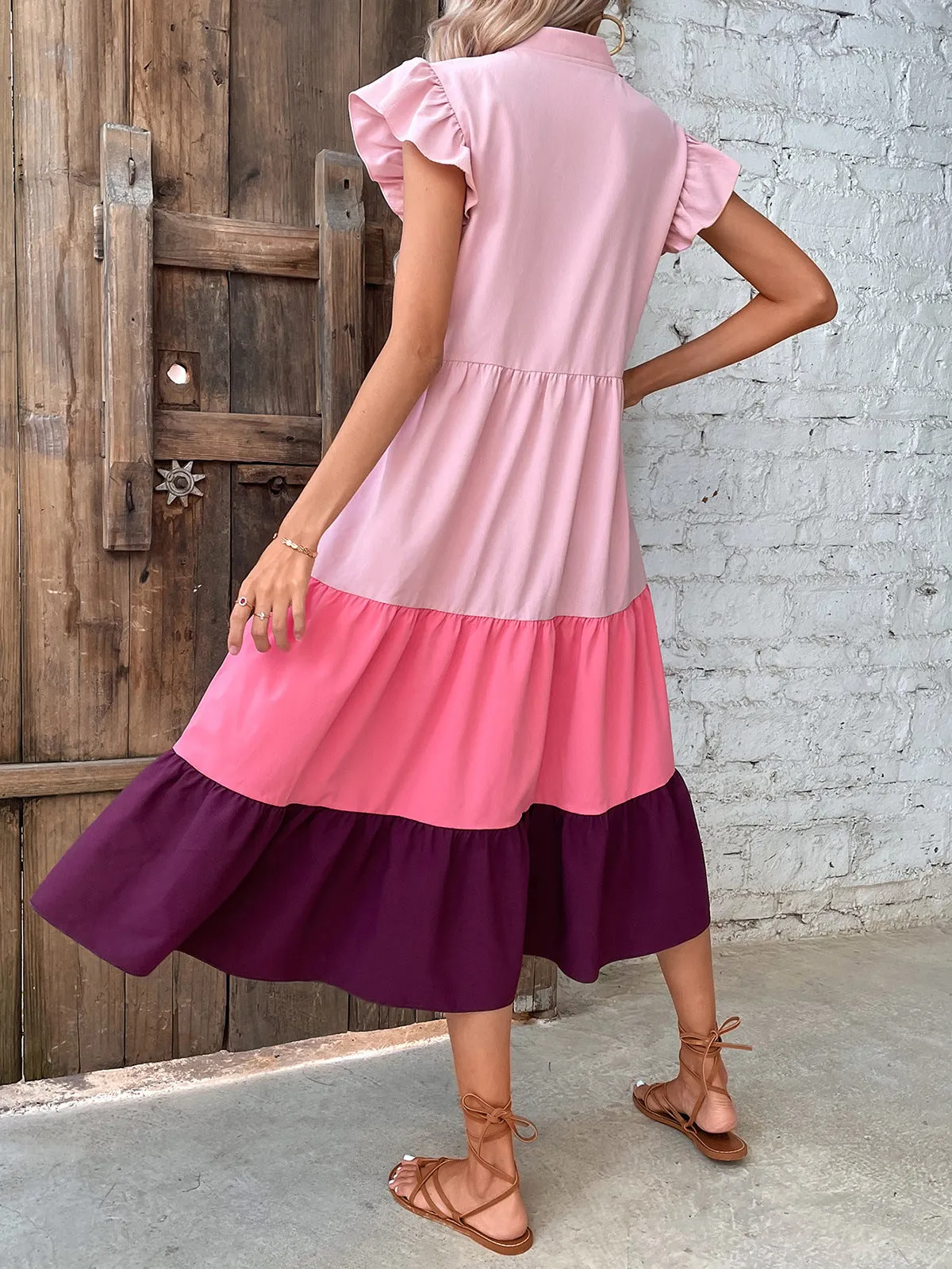 Loose V-Neck Stitching Color Ruffled Sleeve Dress Wholesale Dresses