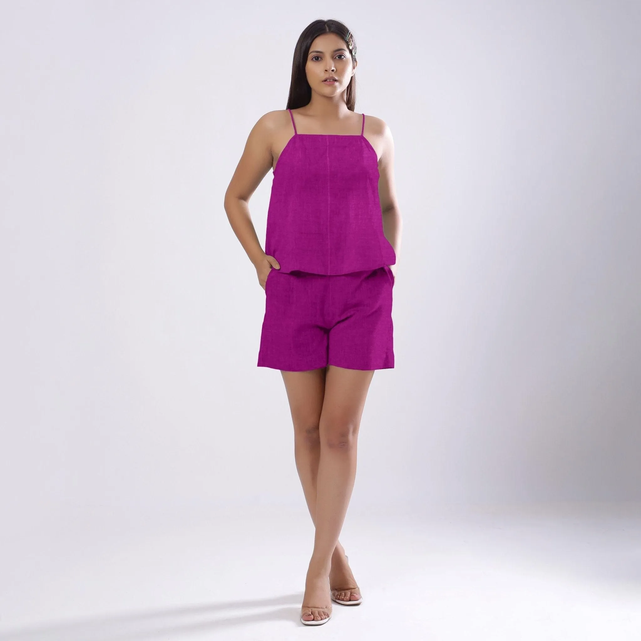 Magenta 100% Linen Flared Relaxed Camisole Top