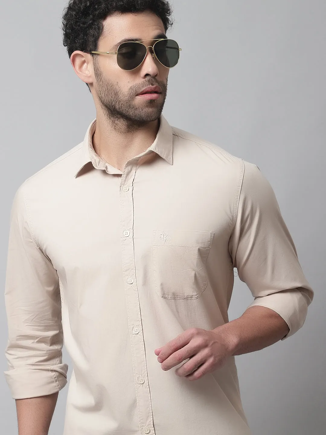 Men's Beige Casual Plain Stretch Full Sleeve Shirt