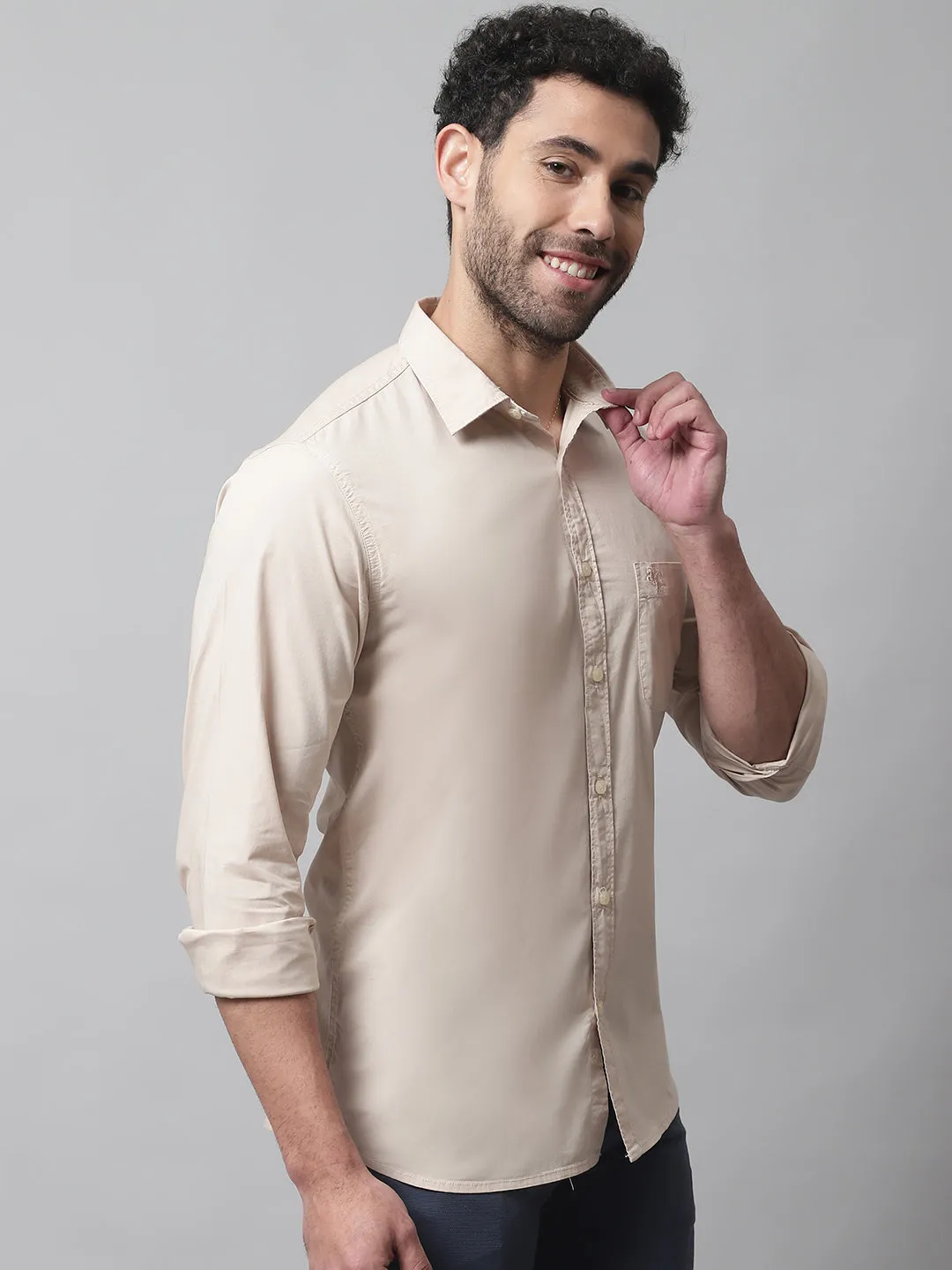 Men's Beige Casual Plain Stretch Full Sleeve Shirt