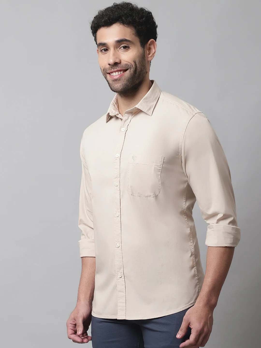 Men's Beige Casual Plain Stretch Full Sleeve Shirt