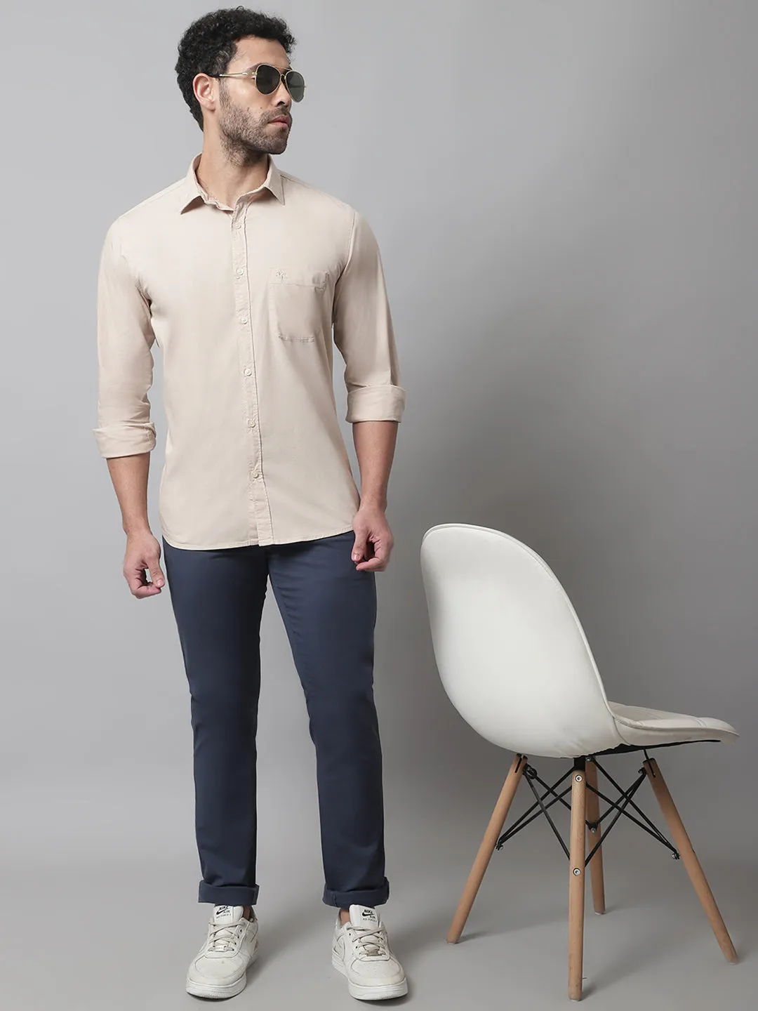 Men's Beige Casual Plain Stretch Full Sleeve Shirt