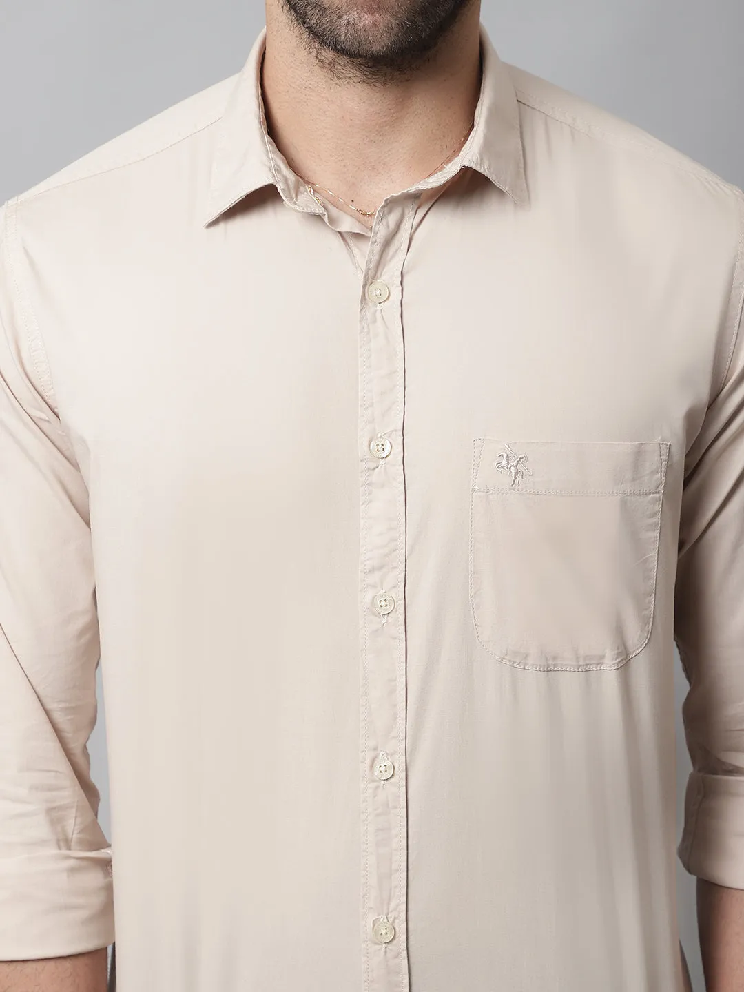 Men's Beige Casual Plain Stretch Full Sleeve Shirt