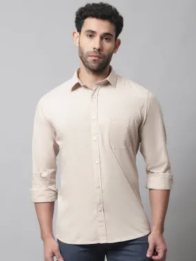 Men's Beige Casual Plain Stretch Full Sleeve Shirt