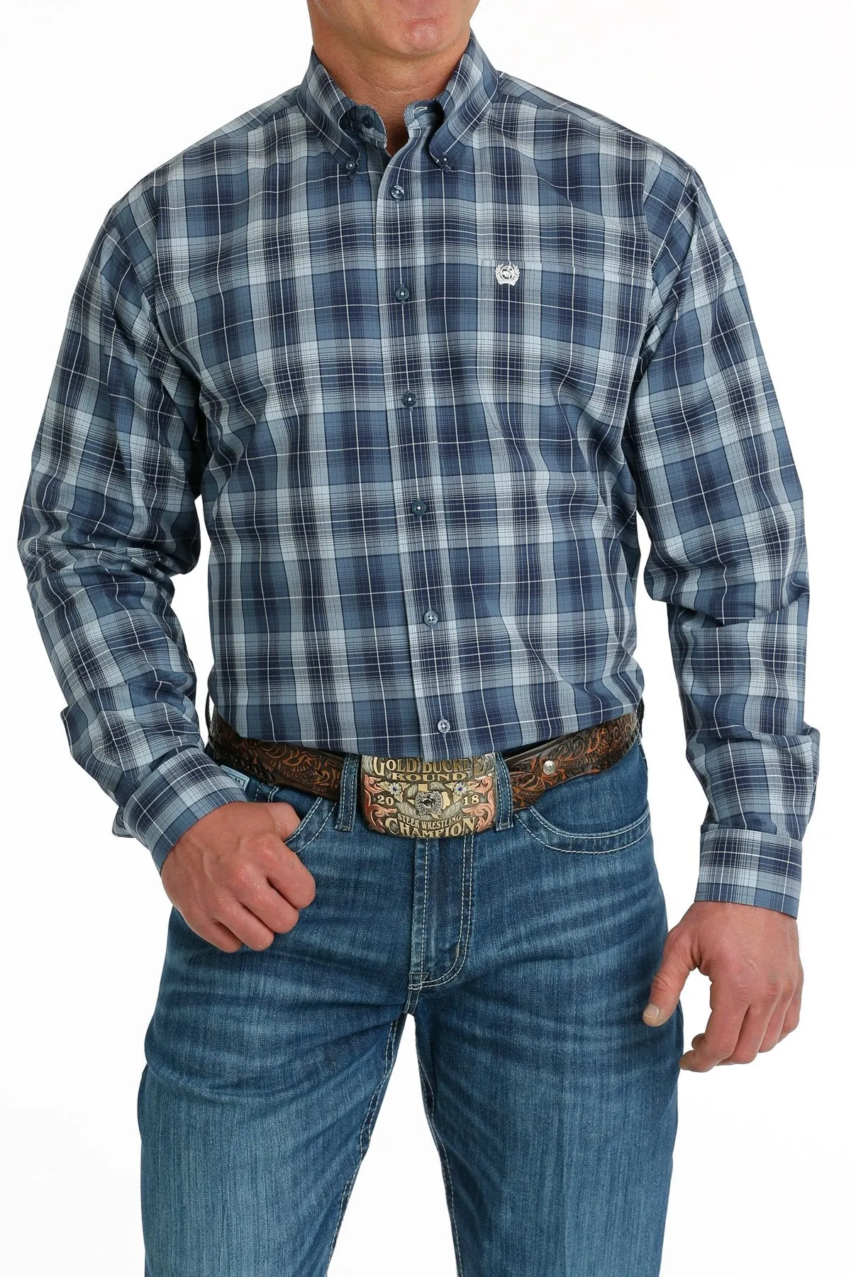 Men's Cinch MTW1105694  Blue/Navy/Gray Plaid Button Down Long Sleeve Shirt