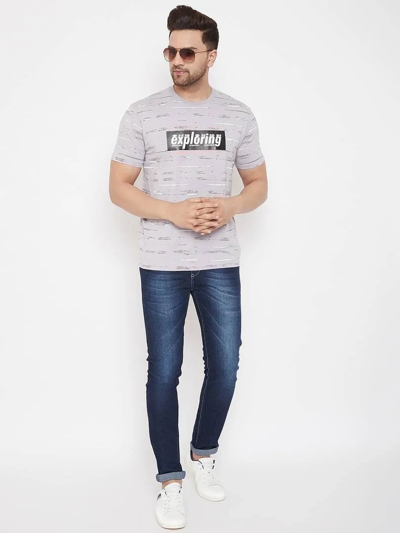 Men's Grey Printed Cotton Round Neck Tees