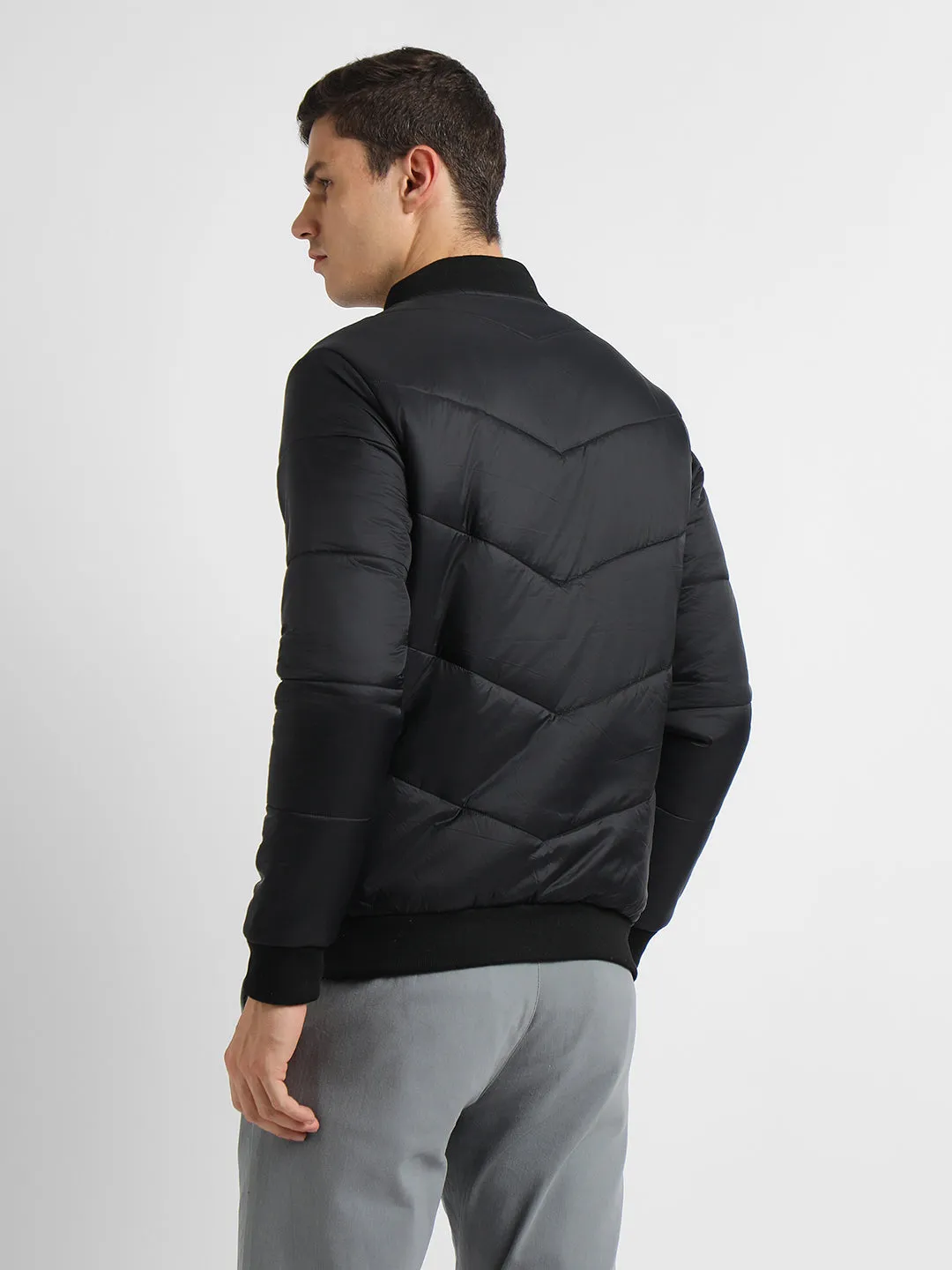 Men's Rib Collar Regular Fit Solid Quilted Black Jackets