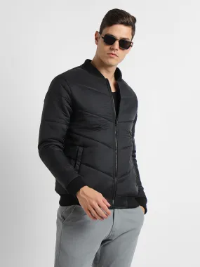 Men's Rib Collar Regular Fit Solid Quilted Black Jackets