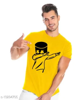 Men's Yellow Printed Round Neck T-Shirt