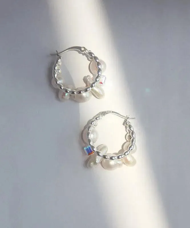 Modern Silk Sterling Silver Asymmetricar Crystal Pearl Hoop Earrings ML1310