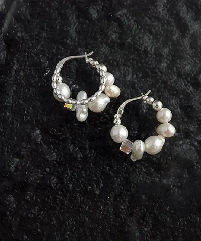 Modern Silk Sterling Silver Asymmetricar Crystal Pearl Hoop Earrings ML1310