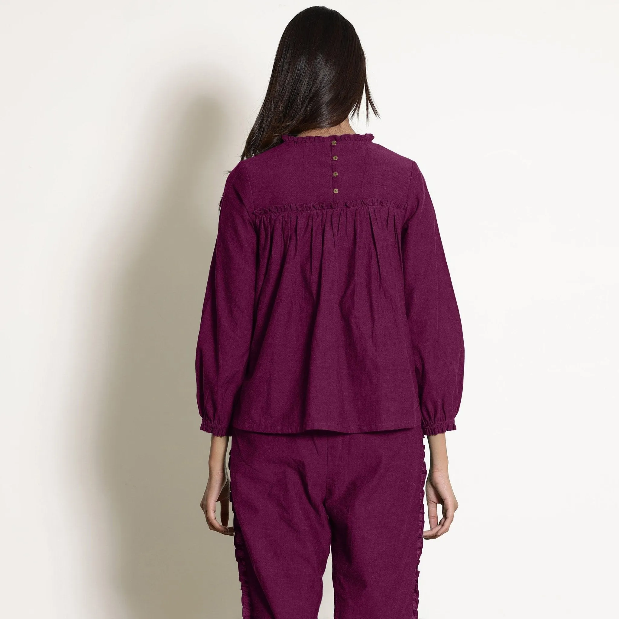 Mulberry Warm Cotton Frilled Gathered Yoke Top