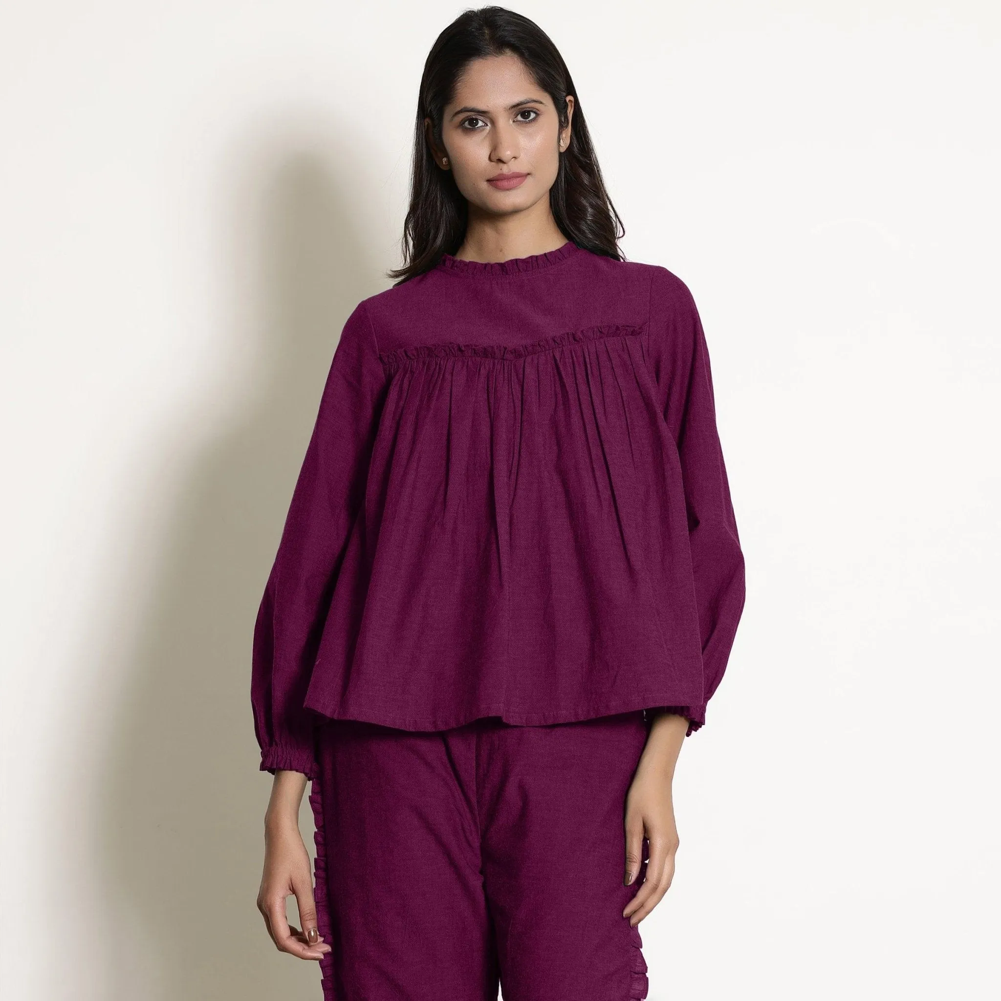 Mulberry Warm Cotton Frilled Gathered Yoke Top