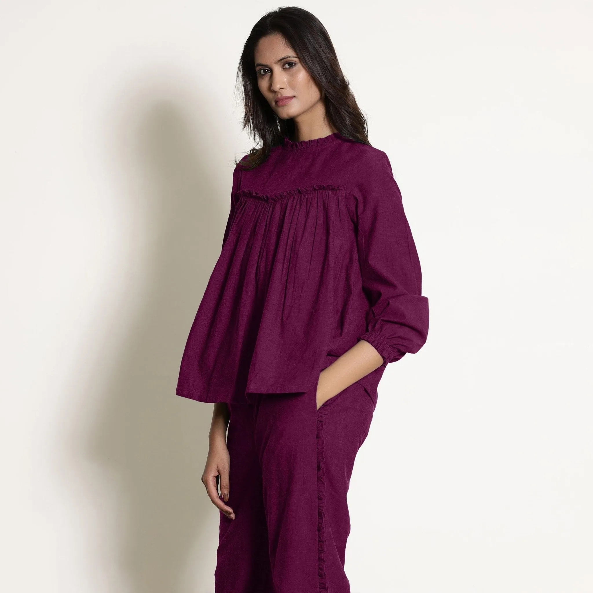 Mulberry Warm Cotton Frilled Gathered Yoke Top