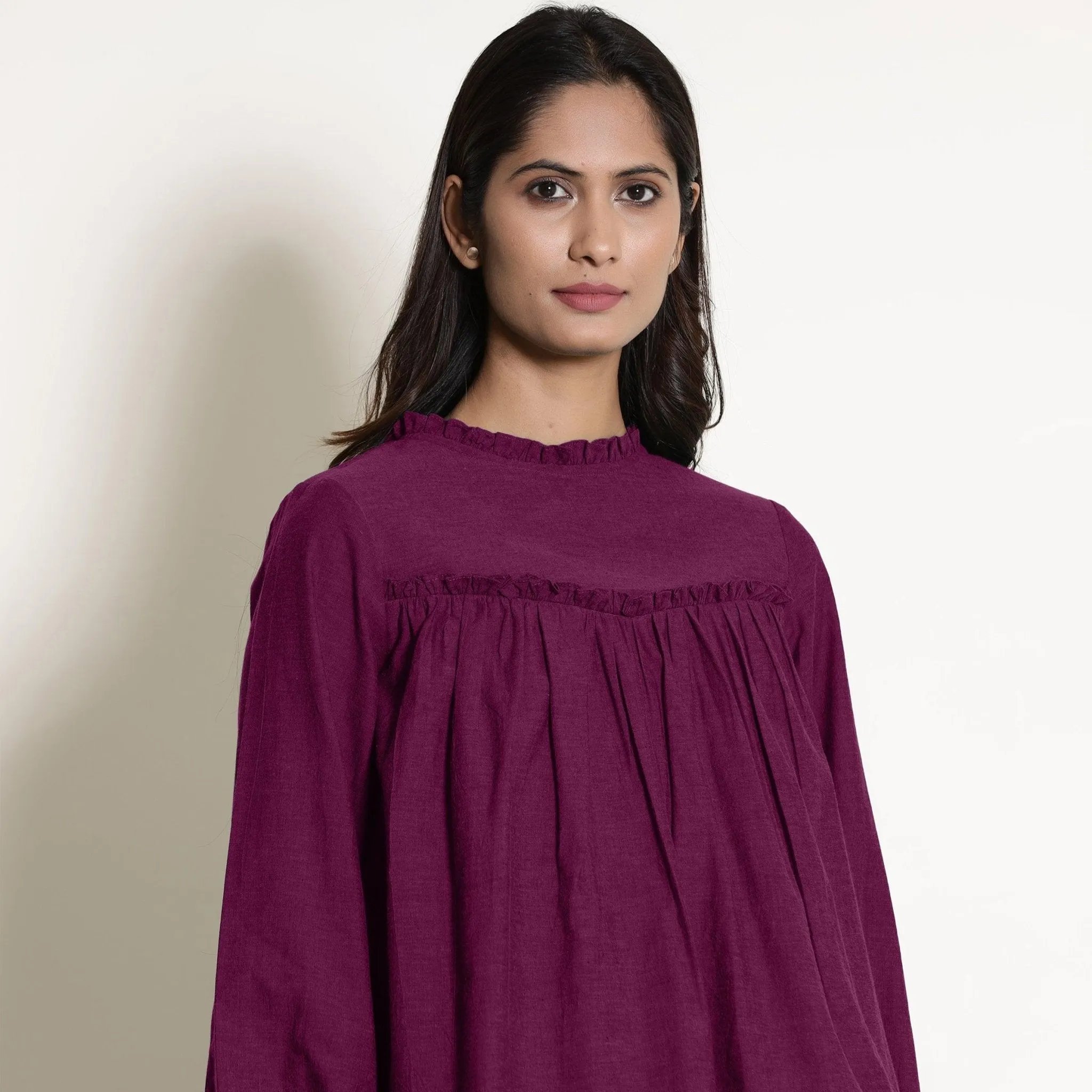 Mulberry Warm Cotton Frilled Gathered Yoke Top