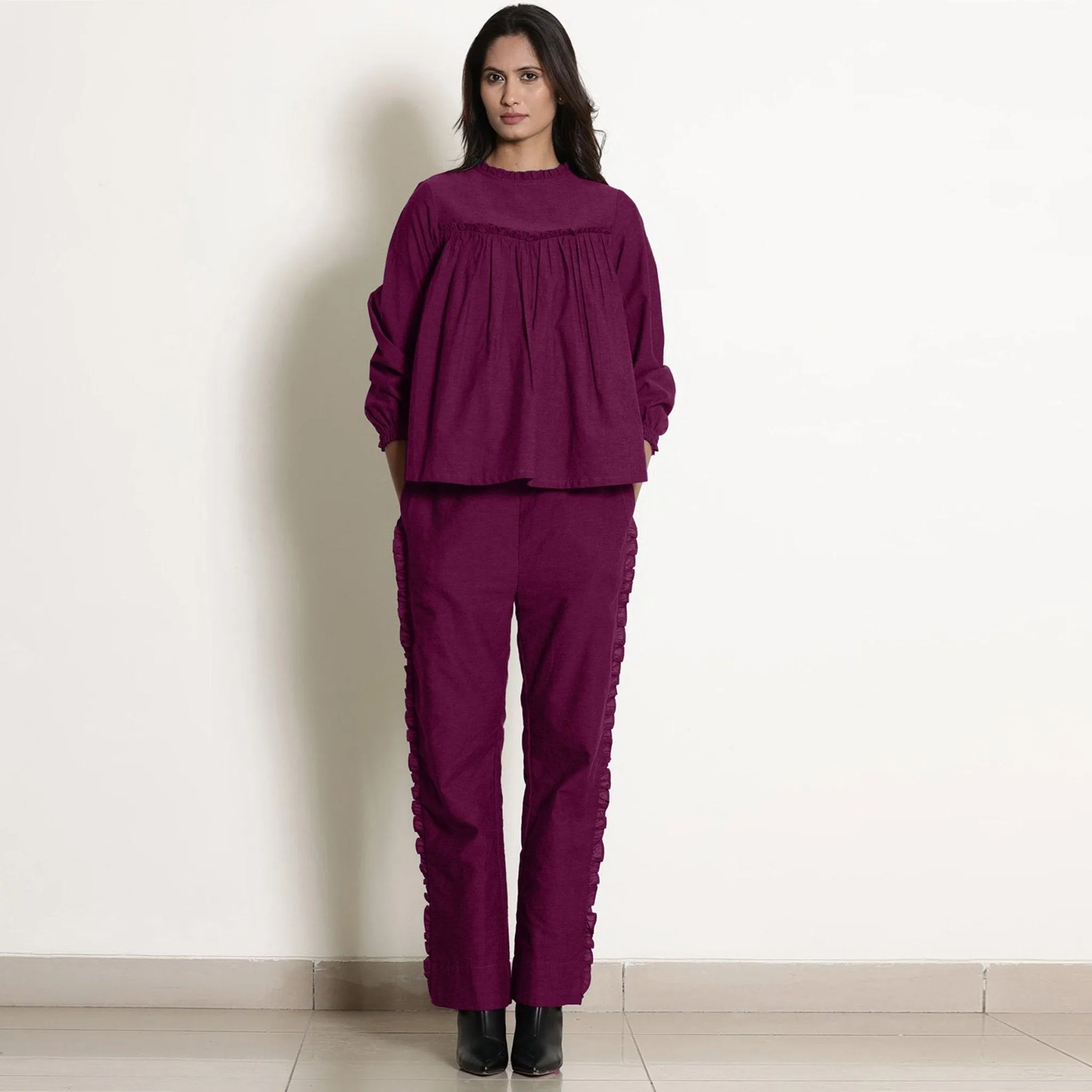 Mulberry Warm Cotton Frilled Gathered Yoke Top