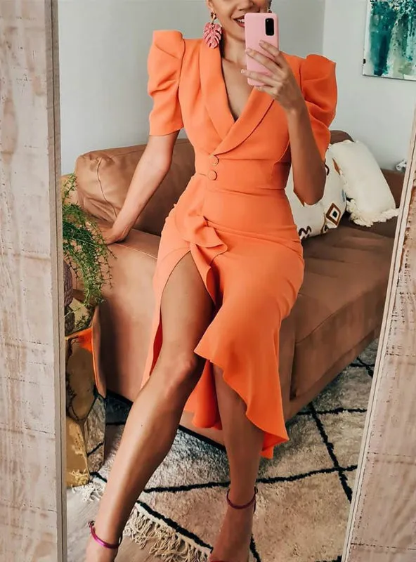 Orange V-Cut Ruffle Hem Slit Wrap Midi Dress