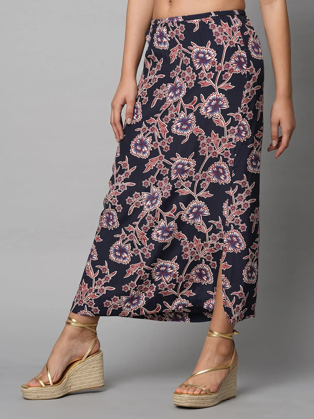 Printed Viscose Slip On Skirt W/ Side Slit