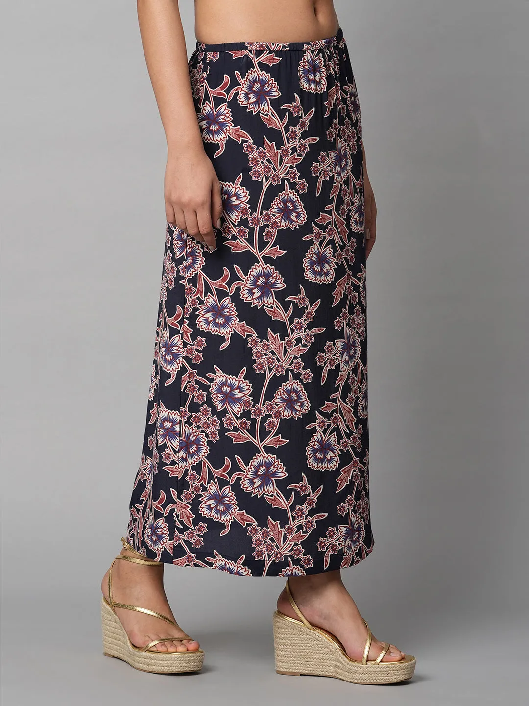 Printed Viscose Slip On Skirt W/ Side Slit