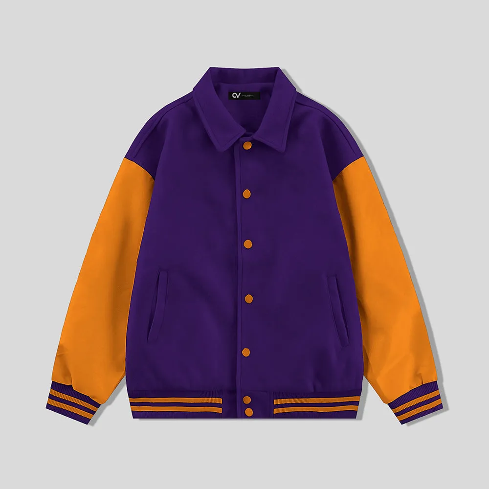 Purple Byron Collar Wool & Leather Varsity Jacket Orange Sleeves - Jack N Hoods