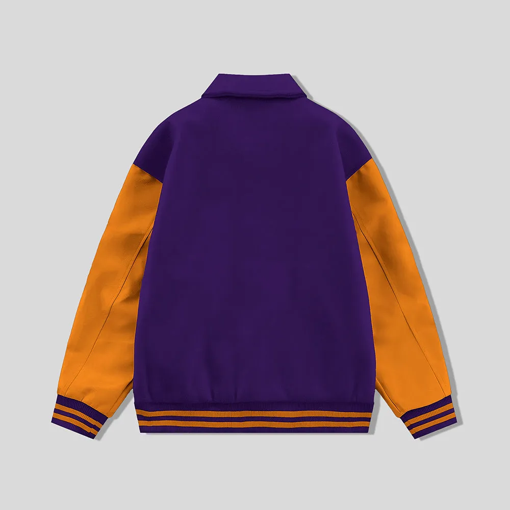 Purple Byron Collar Wool & Leather Varsity Jacket Orange Sleeves - Jack N Hoods