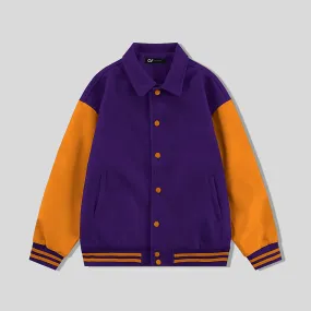 Purple Byron Collar Wool & Leather Varsity Jacket Orange Sleeves - Jack N Hoods