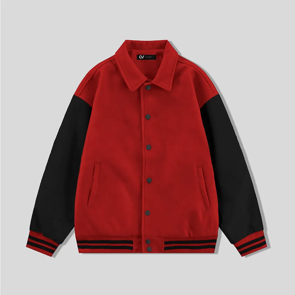 Red Byron Collar Wool & Leather Varsity Jacket Black Sleeves - Jack N Hoods