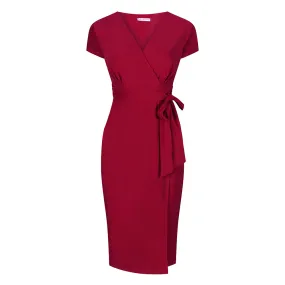 Red V Neck Wrap Effect Cap Sleeve Slinky Midi Cocktail Tie Waist Dress