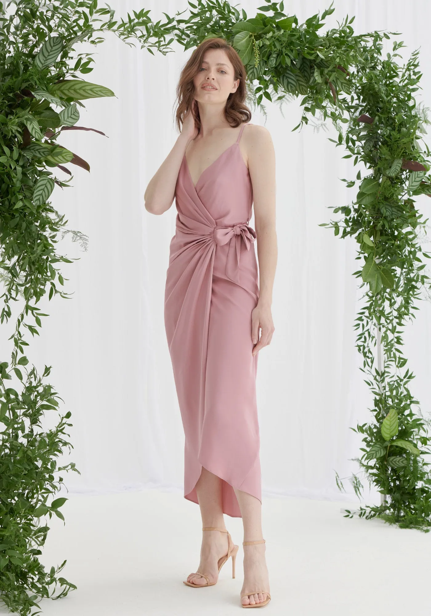 Rosa Tie Side Satin Cami Wrap Dress - Dusky Pink