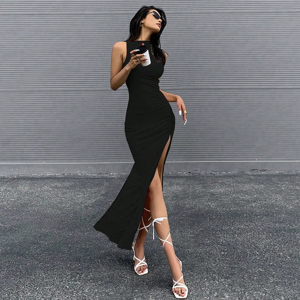 Round Neck Sleeveless Slit Hip-wrapped Dresses Wholesale Womens Clothing N3824070500021