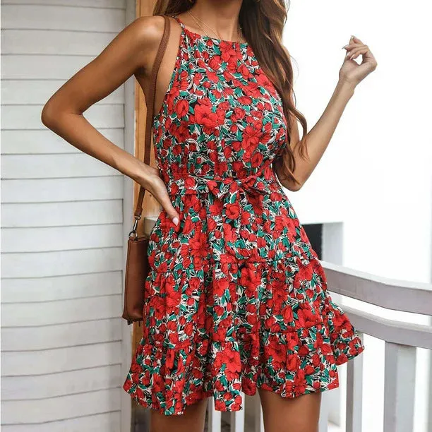 Ruffle Off-The-Shoulder Lace-Up Slim Floral Dress Wholesale Dresses