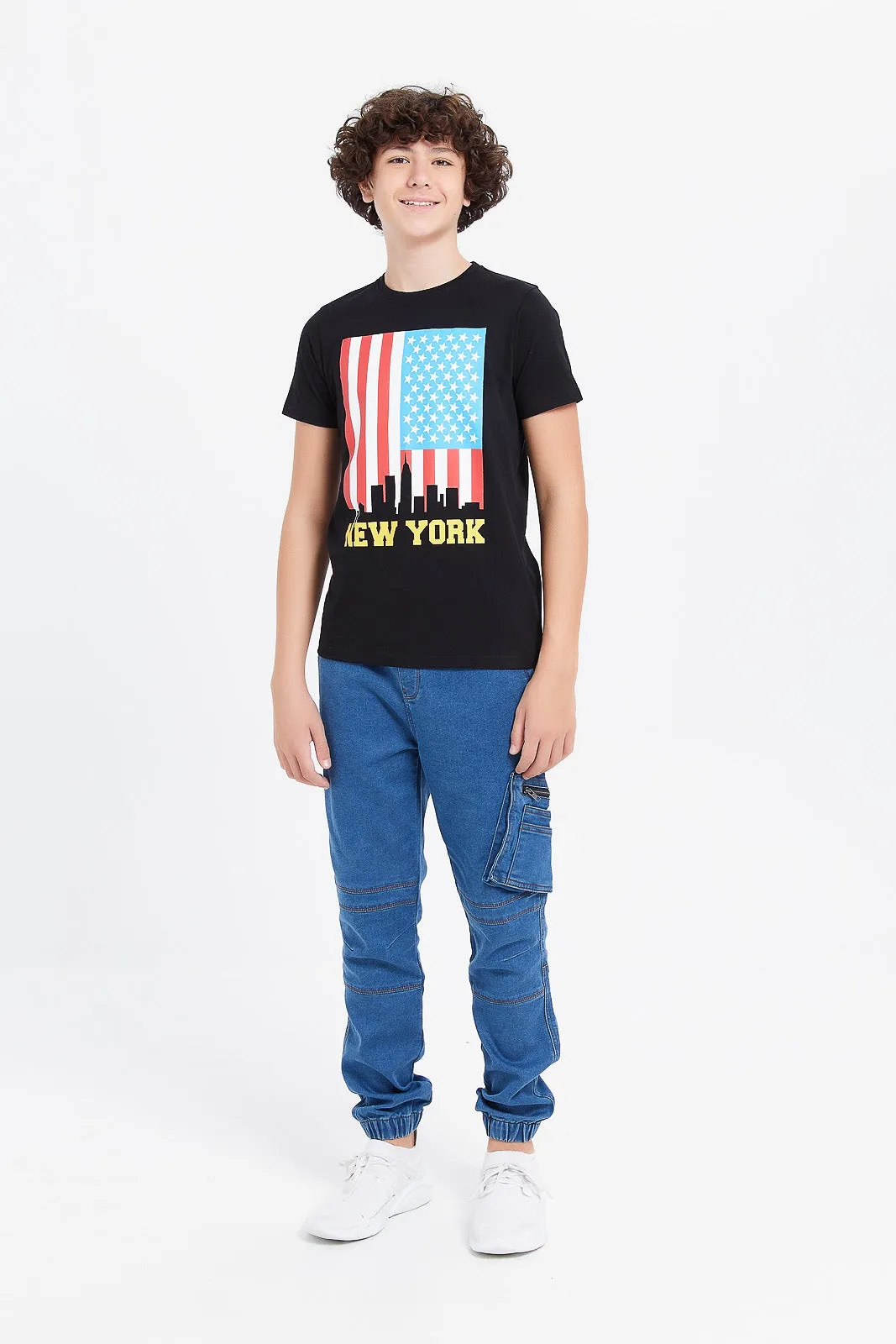 Senior Boys Black New York Short Sleeve Printed T-Shirt