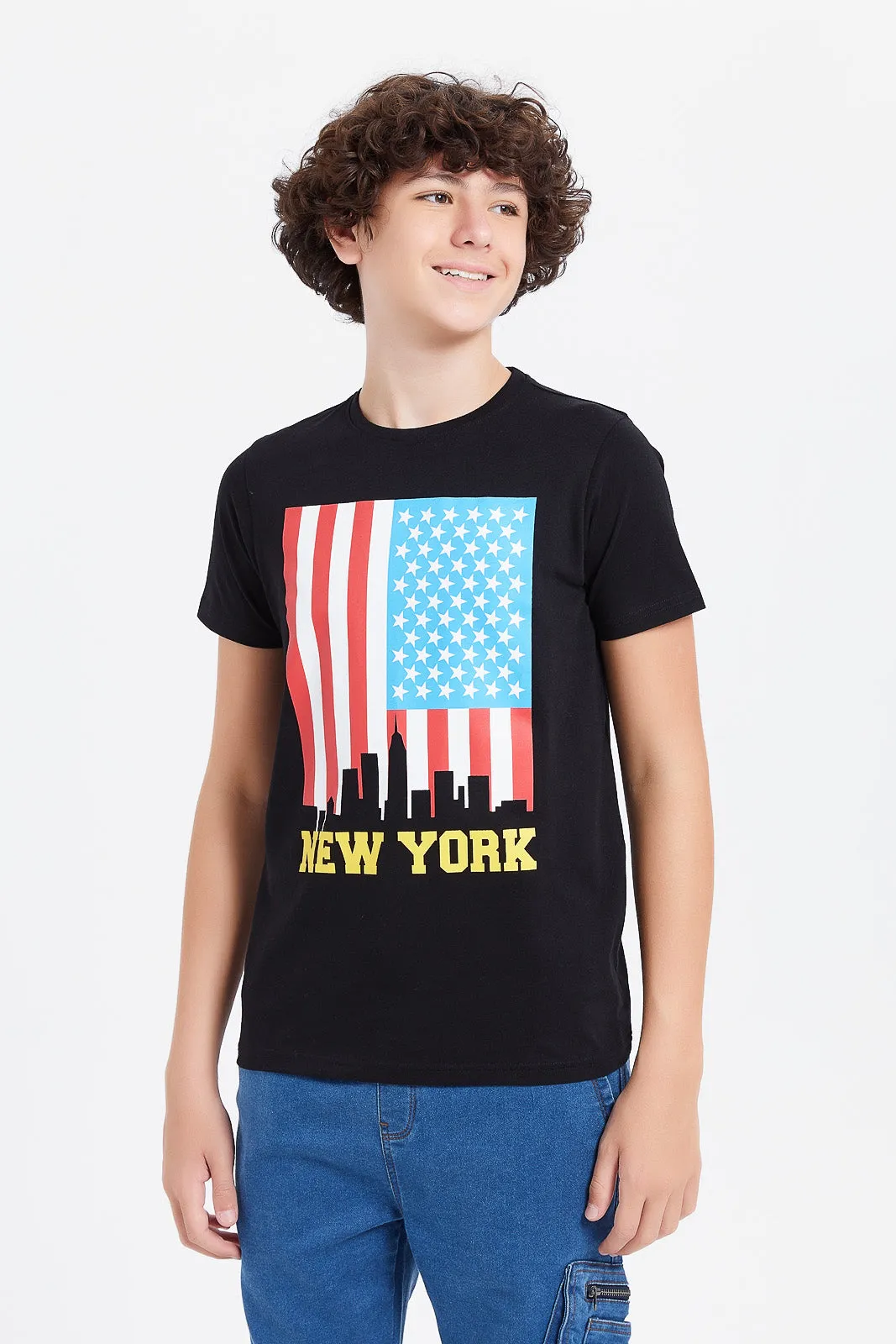 Senior Boys Black New York Short Sleeve Printed T-Shirt