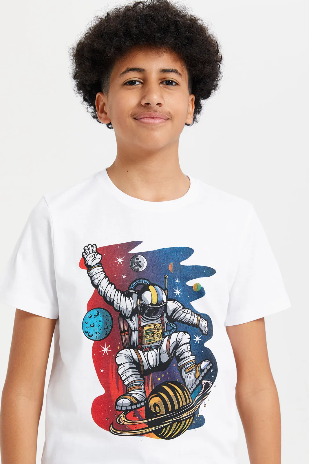 Senior Boys White Astronaut Waving  Graphic T-Shirt