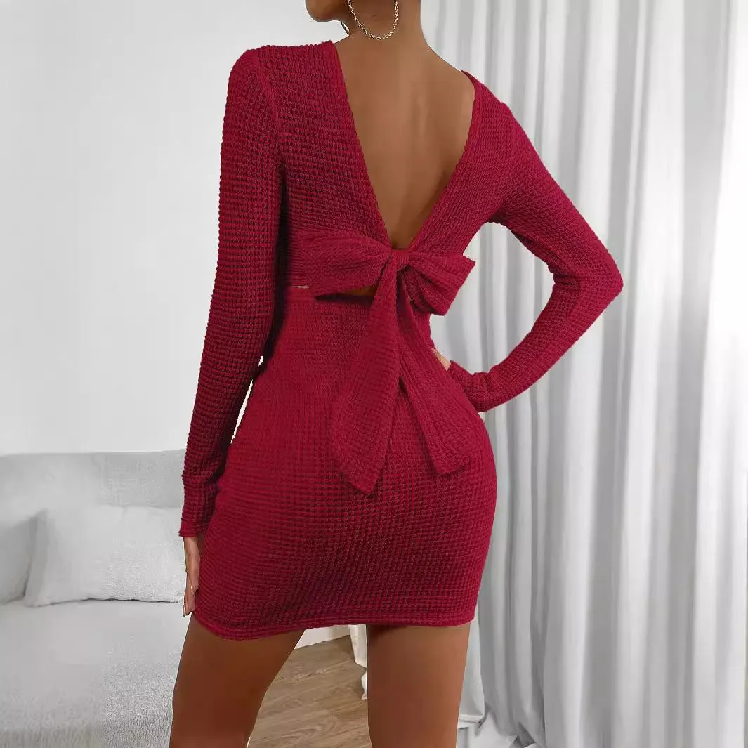 Sexy Red Dress Backless Round Neck Hip Mini Dresses Wholesale Womens Clothing N3824110900041