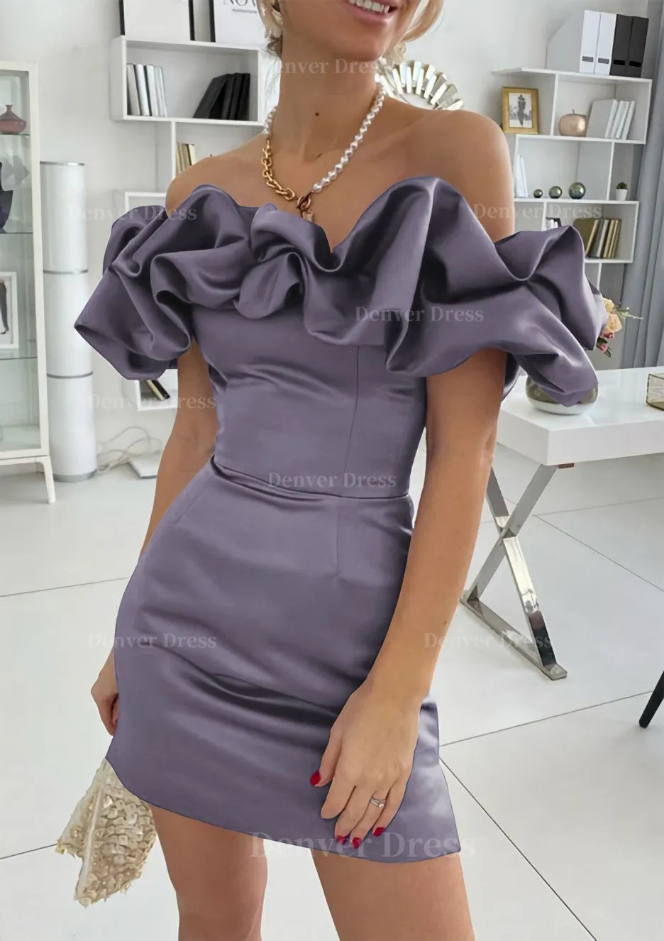 Sheath/Column Off-the-Shoulder Sleeveless Satin Short/Mini Homecoming Dress With Ruffles