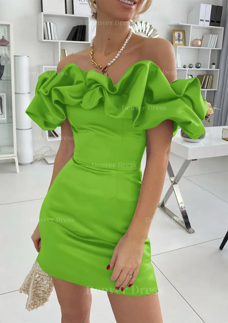 Sheath/Column Off-the-Shoulder Sleeveless Satin Short/Mini Homecoming Dress With Ruffles