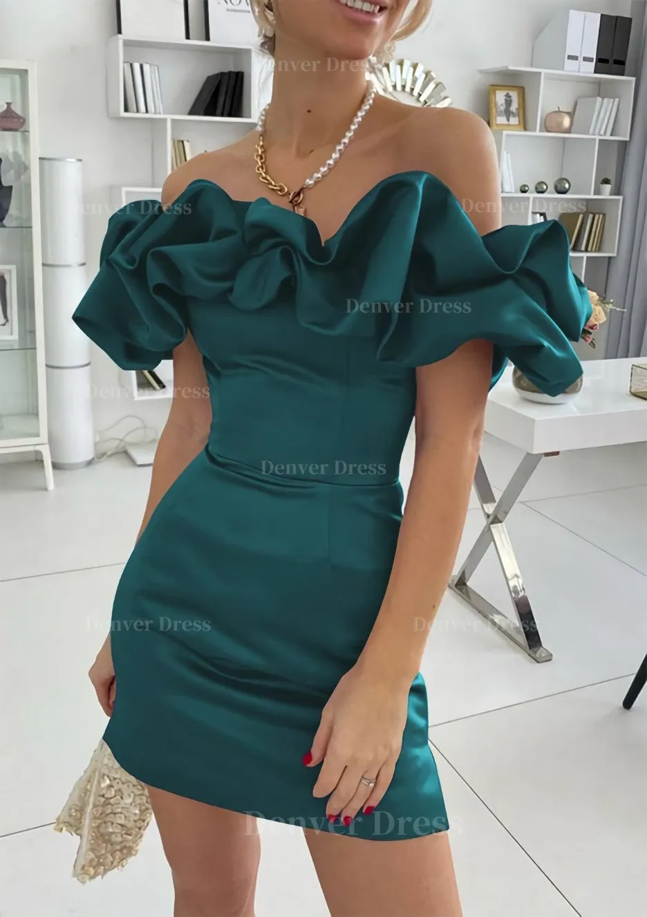 Sheath/Column Off-the-Shoulder Sleeveless Satin Short/Mini Homecoming Dress With Ruffles