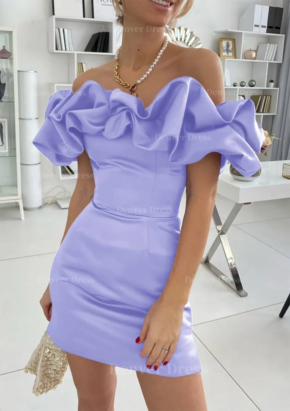 Sheath/Column Off-the-Shoulder Sleeveless Satin Short/Mini Homecoming Dress With Ruffles