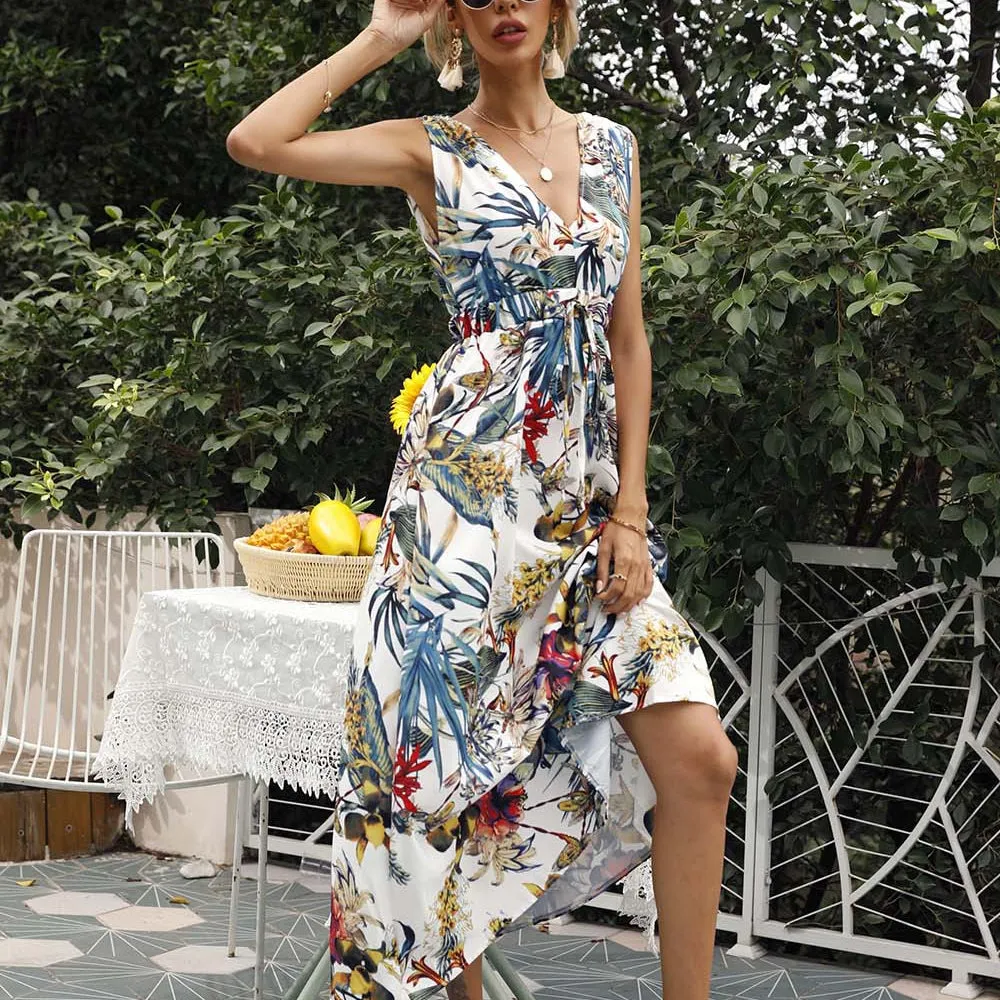 Slim Fit Printed V-Neck Sleeveless Dresses Wholesale Dresses