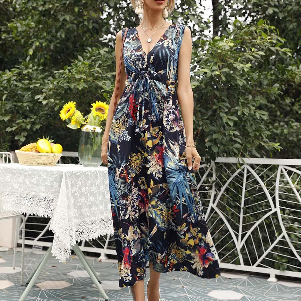 Slim Fit Printed V-Neck Sleeveless Dresses Wholesale Dresses