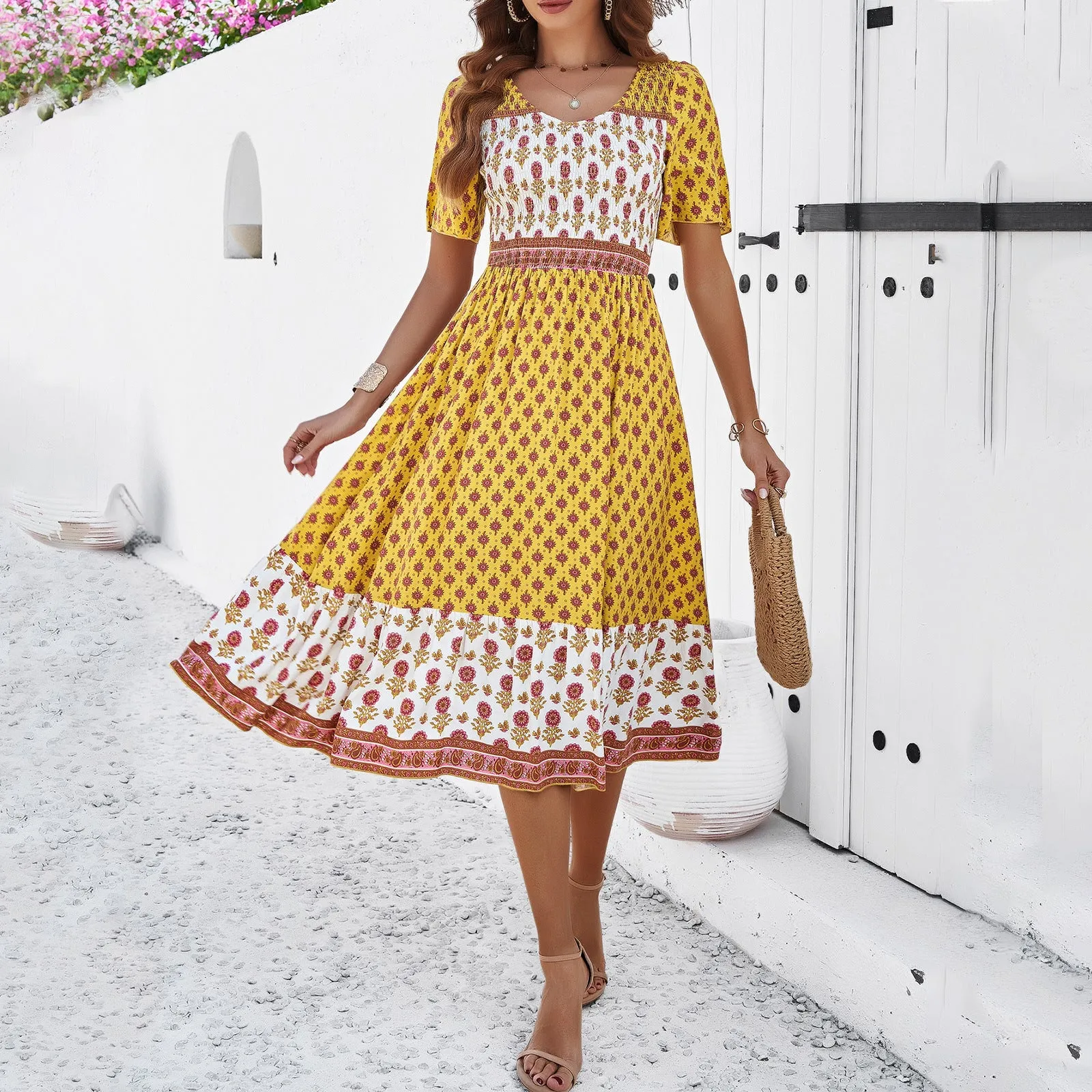 Spring And Summer Vacation Casual Printed Dress Wholesale Womens Clothing N3824022600002