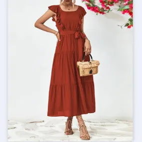 Square Neck Ruffled Solid Color Simple Dress Wholesale Dresses